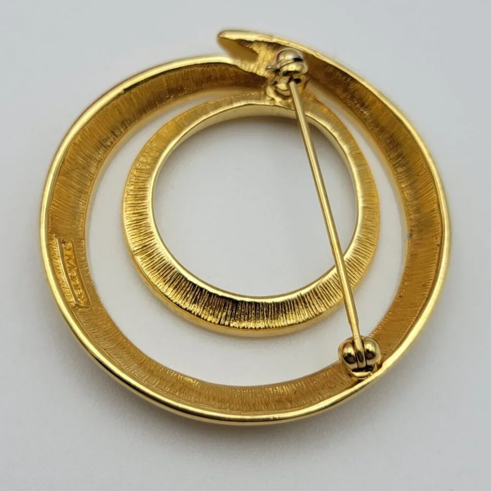 Vintage Signed MONET Gold Tone  Brooch Double Circle Open Work 39 mm Modernist